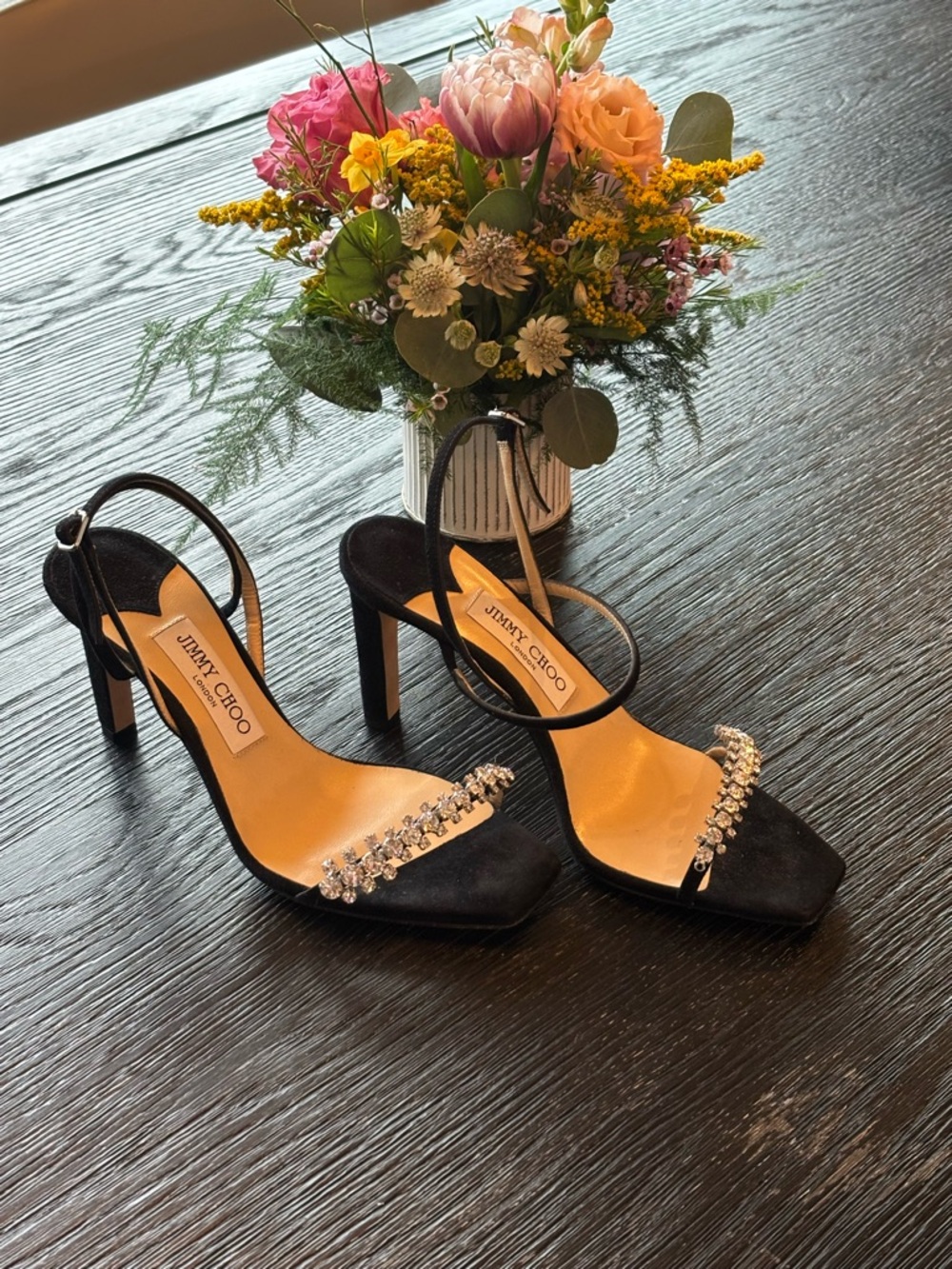 Jimmy Choo Black Suede Crystal-Embellished Ankle-Strap Heels